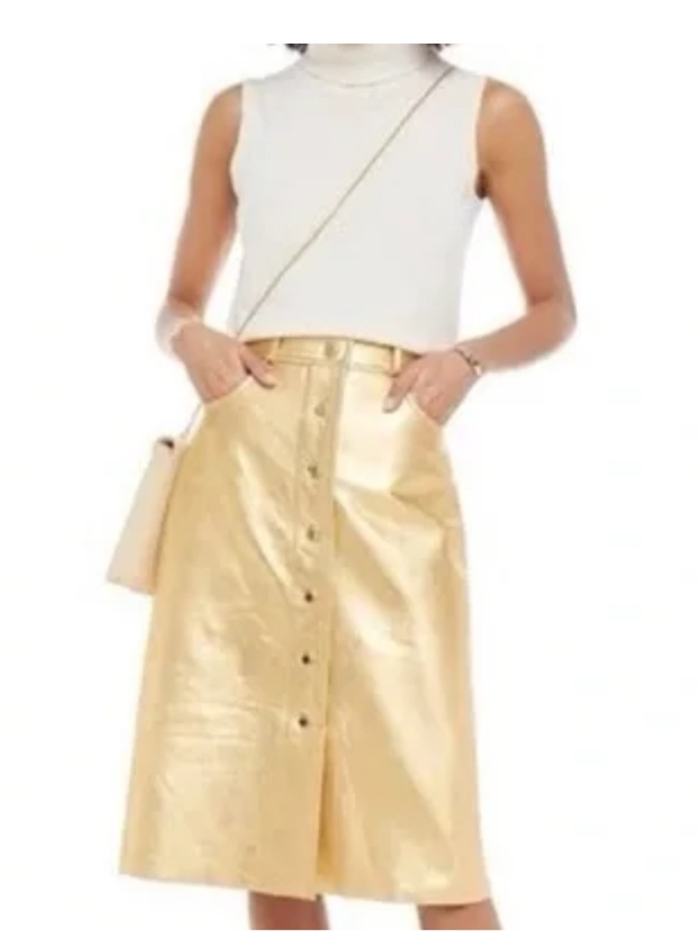 Metallic Gold Button-Front Midi Skirt Sandro Paris NWT